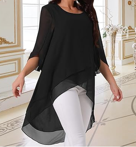 Blusa elegante de gasa negra para mujer, manga 3/4, diseño largo asimétrico, cuello redondo, tela suave y transpirable, perfecta para uso informal - Product Image 3