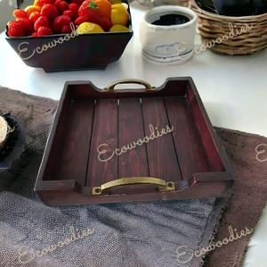 Decoración sostenible para el hogar, desayuno, café, bandeja Rectangular antigua de color marrón oscuro, bandeja para servir de madera maciza con asas de Metal - Product Image 3