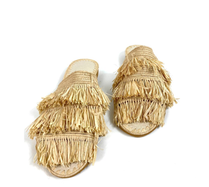 Fringe Raffia Sandal, Flat Summer Moroccan Sandal, Raffia <b>Slide</b>, Handmade Summer Shoes, - Product Image 1