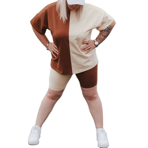 Ensemble de vêtements de détente à blocs de couleurs bicolores pour femmes T-shirt et short de motard personnalisables ensembles de shorts deux tonw vêtements pour femmes - Product Image 1