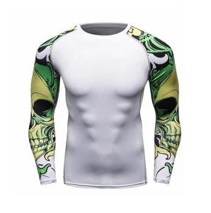 Rashguard de compresión de poliéster de manga larga para hombre, con estampado personalizado de calavera blanca y verde, de secado rápido, para BJJ, al por mayor - Product Image 1