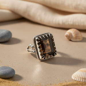 Bague Statement Bohème Faite à la Main pour Femme, en Argent 925 et Or 10 carats, avec Quartz Fumé Carré Sertie en Bezel, Plaqué Vermeil, Cadeau Quotidien - Product Image 1