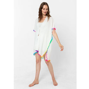 Paréo de plage bohème de luxe à franges, kaftan transparent à col en V avec détails à pompons, bords roulés à la main de qualité supérieure, tenue de plage estivale - Product Image 2