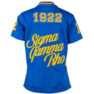 Sigma Gamma Rho SGRho Greek Sorority Royal Blue Gold Football Jersey 100% Polyester Team Logo Front <b>Back</b> Shoulder Embroidery - Product Image 2