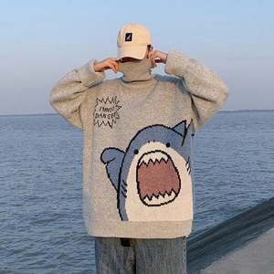 Unisex Large <b>Turtleneck</b> Knitwear <b>Sweater</b> Shark Pattern Hoodie Embroidery Casual Winter Heat Print Logo Mens Knitted Clothing - Product Image 6