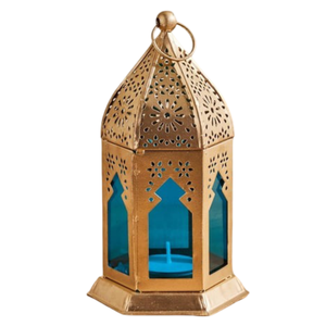 Pure Brass <b>Vintage</b> Embossed <b>Lantern</b> With Sky Blue Glass & Polish Finished For Tabletop Decor Arabic <b>Lantern</b> For Decoration - Product Image 2