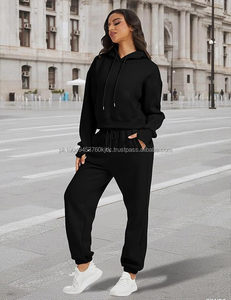 Pantalones de chándal Jogger con forro polar y capucha de patrón sólido para mujer, ropa deportiva, chándal de 2 piezas con decoración de encaje - Product Image 6