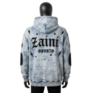 Sweat à capuche délavé à l'acide en molleton de coton premium, bleu neige, panneau de coude noir, broderie chenille, logo personnalisé, sweat à capuche délavé à l'acide, basiques - Product Image 2