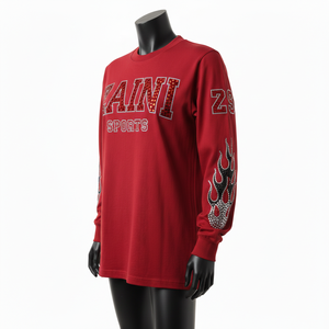 High Quality Cotton <b>Long</b> <b>Sleeve</b> T Shirt Smooth Jersey Fabric Deep <b>Red</b> Color Crystal HeatTransfer Logo <b>Long</b> <b>Sleeve</b> T Shirt Cotton - Product Image 4