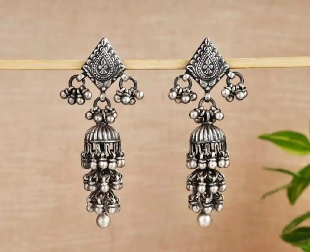 Trắng Hạt tua thả Bông tai jhumka | Bộ lạc bạc jhumki Bông tai | Sterling thiết kế bông tai, Bông tai bạc oxy hóa