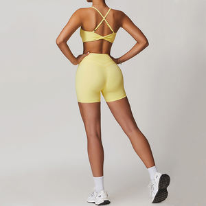 2025 New Arrival Solid Color 2-Piece Yoga Set High for Halter Sports <b>Top</b> Bra Quick Drying Elastic Waist Shorts Women - Product Image 5