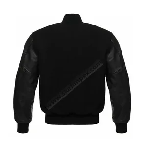 black <b>Wool</b> and <b>White</b> Genuine Leather Sleeves with Hoodie Letterman Baseball - Product Image 2
