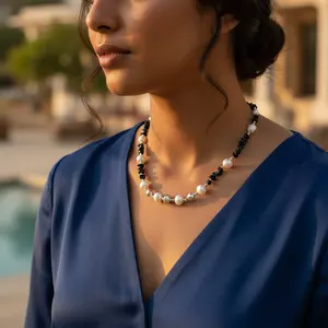 Women's Trendy <b>Pearl</b> and Black Diamond Beaded <b>Necklace</b> <b>Gold</b> Plated Religious Fashion Jewelry for Parties and Gifts - Product Image 1