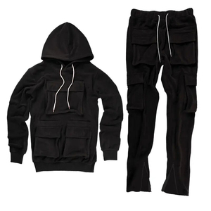 Ensemble de survêtement pour homme en molleton 2 pièces pour l'automne et l'hiver, pantalon long streetwear avec poches cargo, sweat-shirt à capuche, survêtement uni teint - Product Image 3