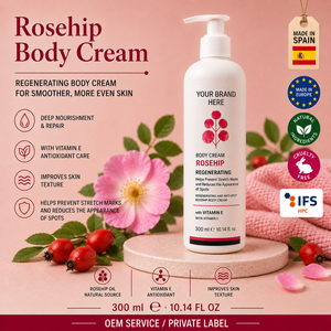 Crème pour le corps à la rose musquée en marque privée 300ml OEM |   Crème réparatrice anti-âge Vergetures et cicatrices |   Végétalien |   Fabriqué en Espagne UE - Product Image 1