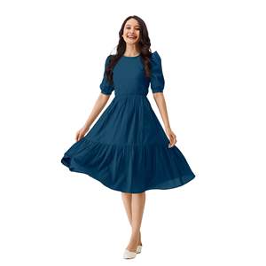 Trendmalls Robe western formelle mi-longue pour femme Col en V A-Line Satin teint en coton évasé plissé taille naturelle - Product Image 1