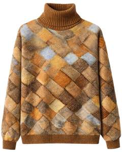 Pull en tricot patchwork à col roulé pour femme, de qualité supérieure, doux, chaud, décontracté, tendance, marron, beige, bleu, multicolore - Product Image 1