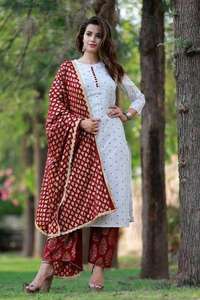 Vêtements ethniques pour femmes, ensemble en coton imprimé, kurta plazzo et duppata, avec impression sur feuille, travail du dieu rayonne kurti dupata, indien - Product Image 3