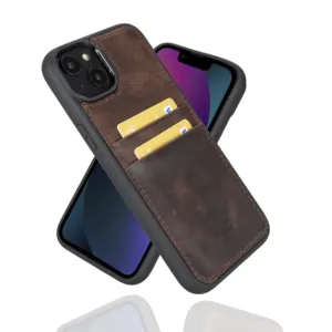 顶级粒面皮革手工手机套，带卡座，适用于iPhone 15系列卡扣，完美贴合高级选择