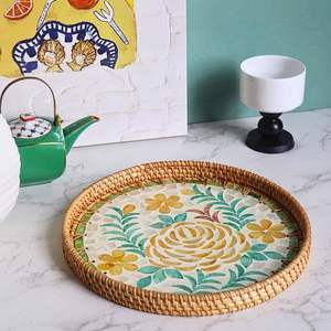 Haute qualité Boho rond tissé rotin plateau de service nacre Accent pour Table basse décor à la maison - Product Image 2