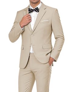 Trajes de negocios de 2 piezas para hombre, elegantes, lisos, de corte ajustado, con botonadura sencilla, transpirables, con cierre de botón, conjunto de blazer y pantalones para fiesta - Product Image 1