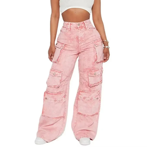 Pantalones de pierna ancha clásicos con múltiples bolsillos de Color rosa claro de buena calidad, pantalones vaqueros de mujer, pantalones Cargo transpirables, pantalones vaqueros OEM para mujer - Product Image 6