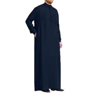 Thobe blanc élégant pour hommes, avec passepoil bleu ciel, Jubba islamique, Kandura saoudien, Dishdasha arabe, col en V, manches longues, vêtements de prière - Product Image 6