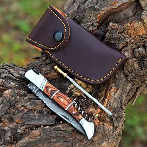 Gran oferta, cuchillo de bolsillo plegable de acero de Damasco hecho a mano personalizado, mango de madera de cuero, hermosos cuchillos para acampar al aire libre, soporte OEM - Product Image 6