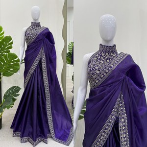 Saree en soie Jacquard fabriqué à la main avec tous les motifs Zari Tissage antique en cuivre argenté détaillé pour les femmes pakistanaises indiennes de fête - Product Image 2