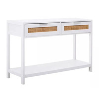 Table console moderne à hauteur réglable en teck massif finition blanche avec 2 tiroirs et tressage en rotin pour salon et hôtel
