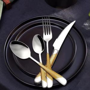 En vente en acier inoxydable couteau fourchette cuillère or argenterie métal ensemble de couverts pour mariage martelé motif poignées - Product Image 3