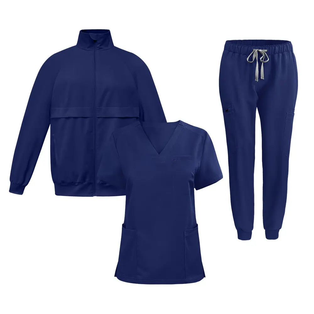 Oem design de logotipo personalizado calças de manga curta jaqueta elástica vestido cirúrgico com decote em V uniforme de enfermeira terno de três peças lavado à mão