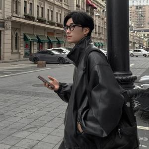 Veste imperméable américaine décontractée tendance en cuir véritable pour hommes, hiver, couleur unie, col montant, style de rue. - Product Image 3