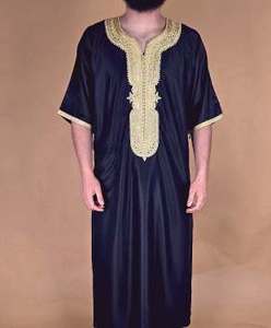 Caftán Negro para Hombre, Corte Regular, Bordado Dorado, Cuello en V, Estilo Casual de Verano, Algodón/Fibra de Bambú, Antiarrugas, Estilo Marroquí - Product Image 2