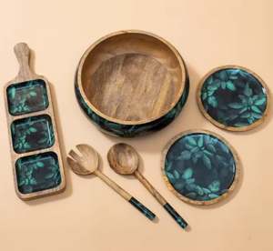 Saladier en bois de haute qualité avec accessoires de cuisine en émail imprimé feuille ou cadeau décoratif décoration de table mariage - Product Image 4