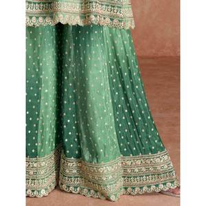 Ensemble de salwar kameez Sharara en chinon vert brodé pour femmes - Product Image 3