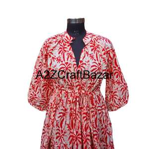 Vestido Midi Floral Himanshi 100% Algodón Puro para Mujer, Estampado a Mano, Tejido Transpirable, Cómodo para Uso Diario Informal - Product Image 3