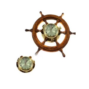 木制船轮海盗船长航海黄铜壁舷窗钟悬挂 (18英寸) 黄铜抛光家居装饰