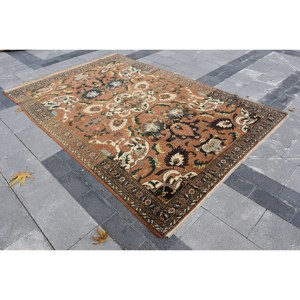 Alfombra de lana marrón y beige tradicional hecha a mano, diseño de retazos de 6,5x9,8 pies, alfombras rectangulares turcas para sala de estar, alfombra de látex para cabecera - Product Image 2