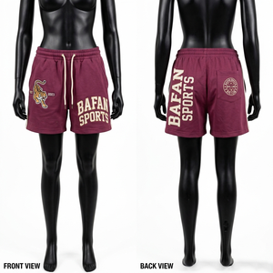 Shorts de bain pour femmes en coton et polyester de haute qualité, couleur bordeaux, toucher doux, taille élastique, broderie, logo imprimé en relief. - Product Image 5