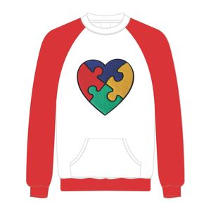 Concienciación sobre el autismo corazón rompecabezas Chenille bordado blanco cuello redondo mangas raglán pulóver sudadera Unisex algodón polar - Product Image 2