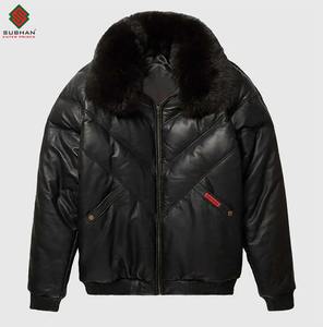 Blouson en cuir pour homme, col mandarin, style V-bomber, doudoune d'hiver décontractée, plusieurs couleurs disponibles, doublure en laine chaude - Product Image 6