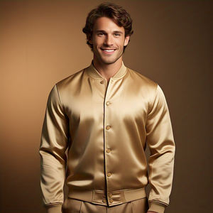 Haute qualité Satin soie Bomber veste hommes col rond boutonné 100% Nylon Satin veste hommes - Product Image 3