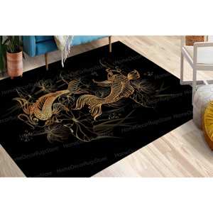 Alfombra con Símbolos Espirituales Asiáticos: Moderna, Carpas Koi, Loto, Negra, Alfombra Gobelino - Product Image 4