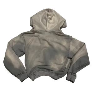 Sudadera con capucha lavada con ácido de rizo pesado 500GSM para hombre, doble cremallera, diamantes de imitación desgastados, bordado, nuevo estilo, sudaderas con cremallera - Product Image 3