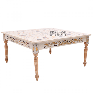 Mesa de Centro de Mármol Blanco de Lujo con Incrustaciones Florales de Madreperla y Patas de Madera Talladas a Mano para Decoración del Hogar - Product Image 3