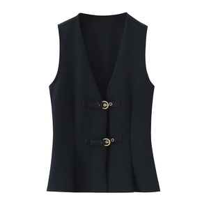 Elegante Top de Punto con Botones y Cuello en V para Mujer, Moda Otoño 2025, 100% Poliéster de Secado Rápido, con Logotipo Frontal - Product Image 1