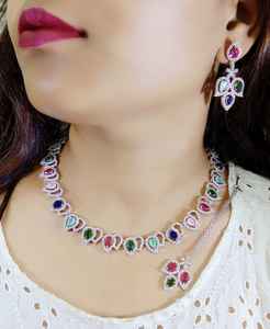 Elegant American Diamond Necklace <b>Set</b> with Multi Colour Stone With Earrings for Women Wedding Party Wear <b>Jewellery</b> For Women - Product Image 1