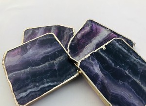 Gran púrpura fluorita ágata cristal geoda piedra cuadrada en forma de Feng Shui decoración del hogar hermoso chapado en oro Trim posavasos piedra preciosa - Product Image 2