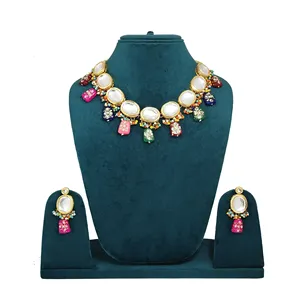 Ensemble de collier plaqué or Kundan avec perles de zircon multicolores pour mariage ou bijoux fins, cadeau pour femmes - Product Image 2